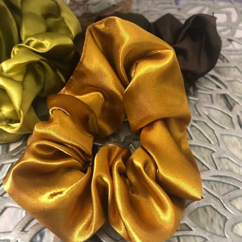 3 New Silk Scrunchies Olive, Brown, Gold Colors